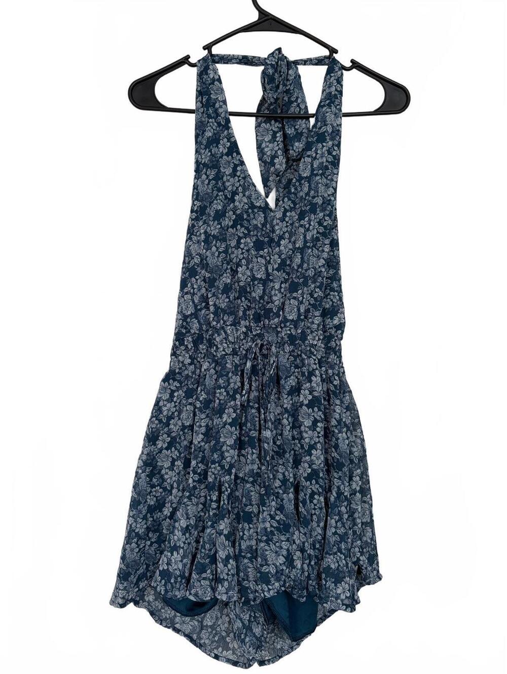 Blue Floral Halter Tie Neck Romper w/ Elastic Waist-Fairy Whimsical Cottage Core
